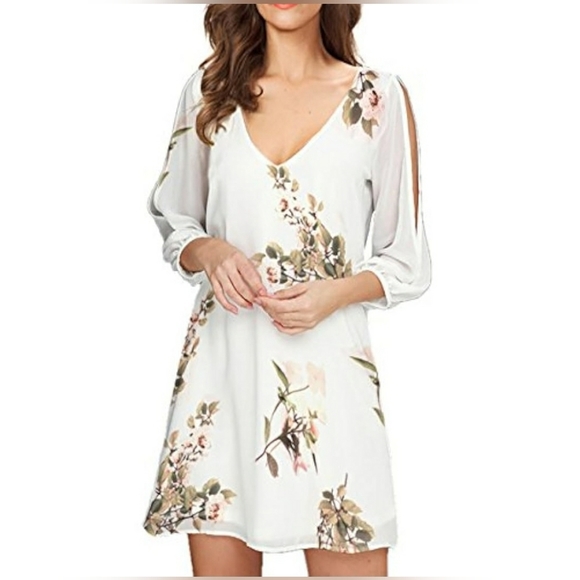 Noctflos Dresses & Skirts - Noctflos Womens M Floral Shift Dress Mini V Neck White Green Pink 3/4 Sleeve